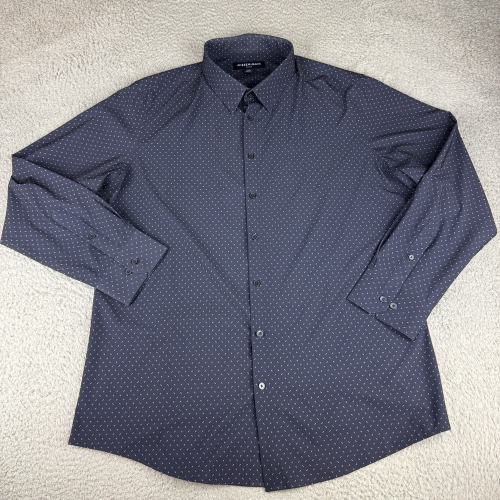Mizzen+Main Leeward Dress Shirt Mens Xxl Trim Navy Blue Pink Dot Performance
